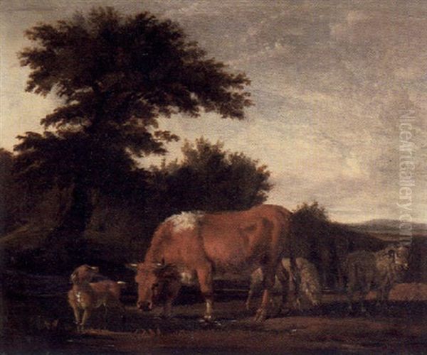 Vakthund Vid Ko Och Far Oil Painting by Pieter Van Der Leeuw