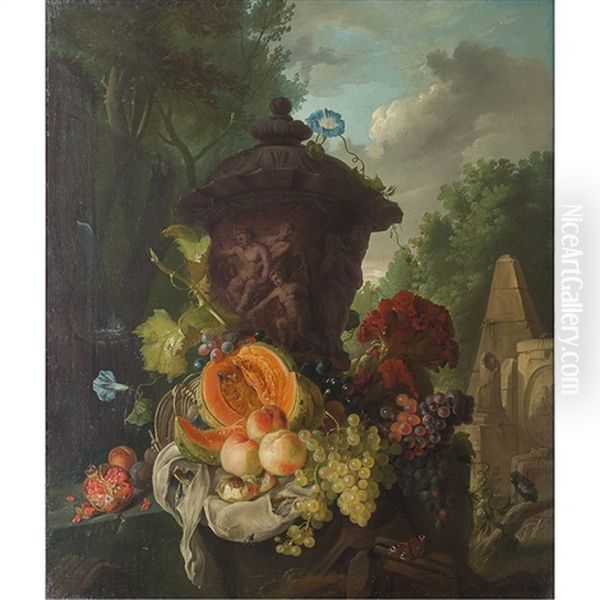 Still Life With Urn And Classical Ruins Oil Painting by Gerrit Van Leeuwen