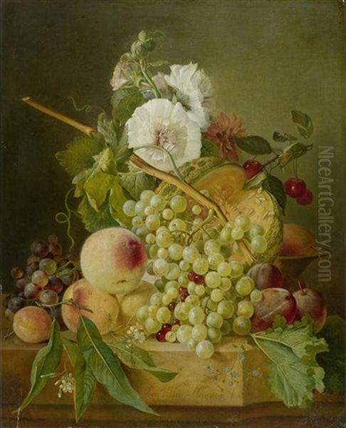 Stillleben Mit Fruchten Und Blumen Auf Eine Steinplinthe Oil Painting by Gerrit Van Leeuwen