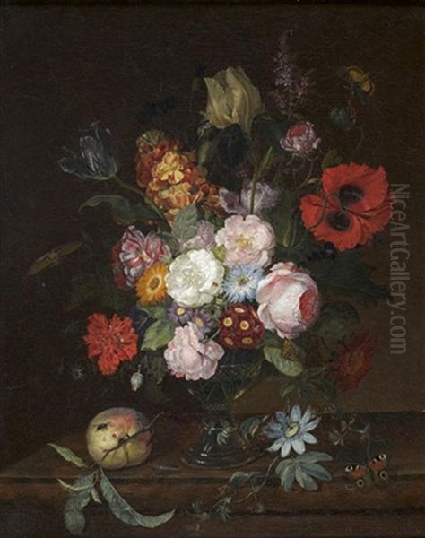 Nature Morte Au Vase De Fleurs Animee De Papillons Sur Un Entablement Oil Painting by Gerrit Van Leeuwen
