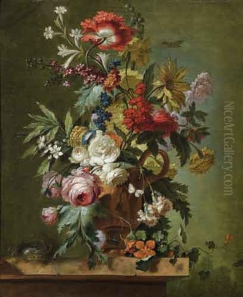 Bouquet De Fleurs Et Nid D'oiseau Oil Painting by Gerrit Van Leeuwen