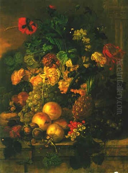 Still Life Of Fruit, Flowers, Corn And Nuts, All On A Stone Ledge Oil Painting by Gerrit Van Leeuwen