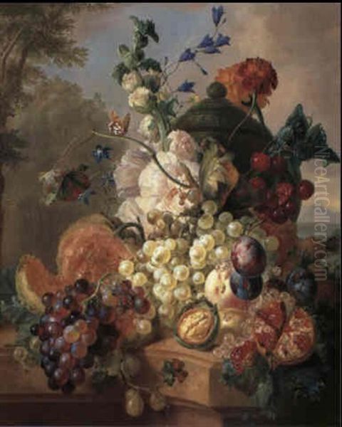 A Still Life Of Assorted Fruit And Flowers Including        Grapes, Plums, Cherries And A Pomegranate Upon A Stone Oil Painting by Gerrit Van Leeuwen