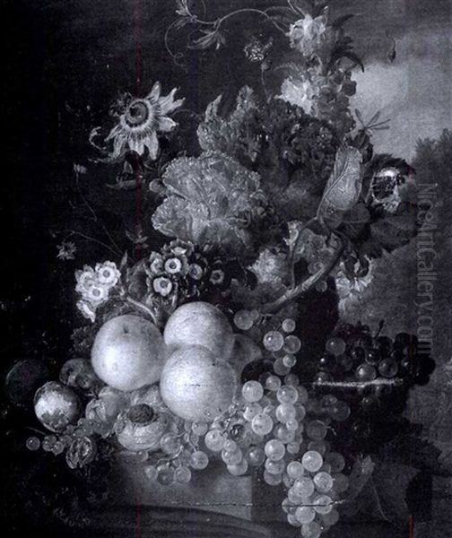 A Still Life With Fruit And Flowers Oil Painting by Gerrit Van Leeuwen