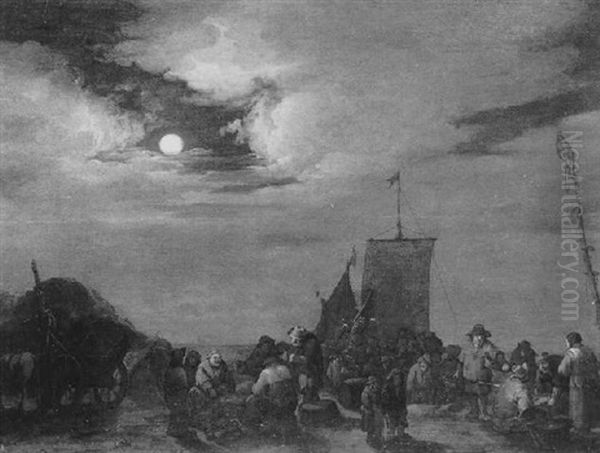 Fischer Beim Entladen Des Fangs Am Nachtlichen Strand Oil Painting by Philipp van Leeuwen