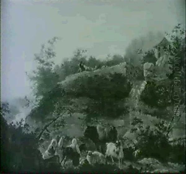 A Rocky Landscape With Shepherdesses Watching Over Their    Livestock Before A Waterfall Oil Painting by Jean-Francois Legillon