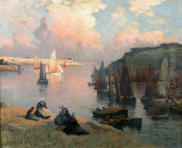 Les Ravaudeuses En Haut De La Cale Au Soleil Couchant Oil Painting by Fernand Marie Eugene Legout-Gerard