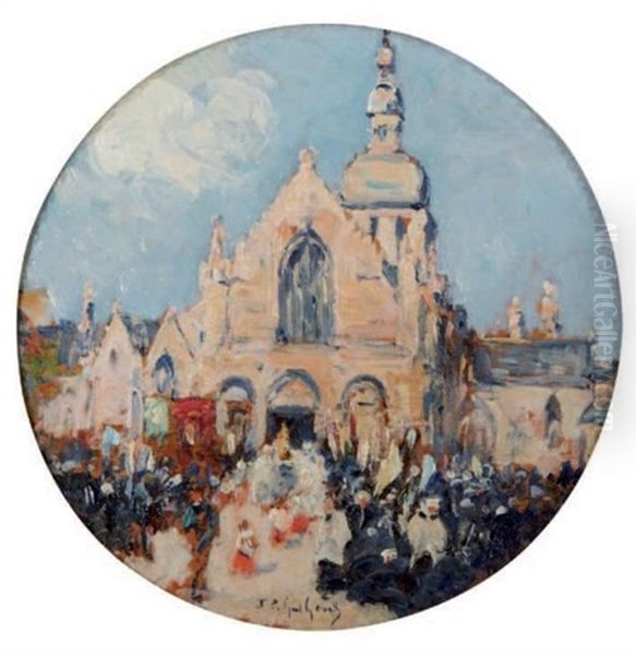 Procession A Dinard Devant L'eglise Saint Enogat Oil Painting by Fernand Marie Eugene Legout-Gerard