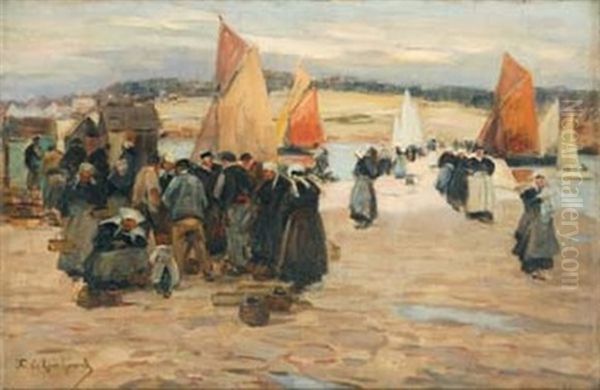 Sur Le Port, Retour De Peche Aux Voiles Rouges, Concarneau Oil Painting by Fernand Marie Eugene Legout-Gerard
