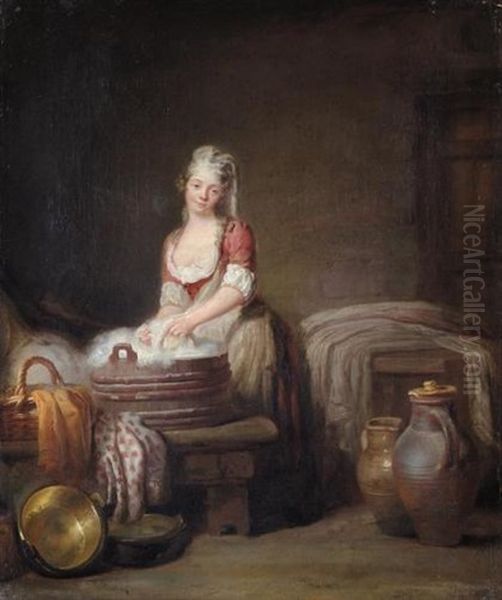 Interior With A Maid Doing The Laundry Oil Painting by Pierre Nicolas Legrand de Lerant
