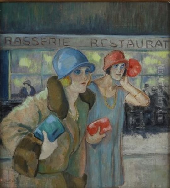 Deux Midinettes Dans Un Cafe Oil Painting by Louis Legrand