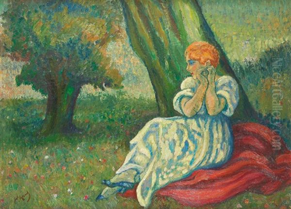 Sous Bois, Femme Assise Sous Les Arbres Oil Painting by Louis Legrand