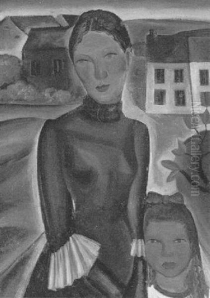 Mutter Mit Kind Vor Einer Dorflandschaft Oil Painting by Mercedes Legrand