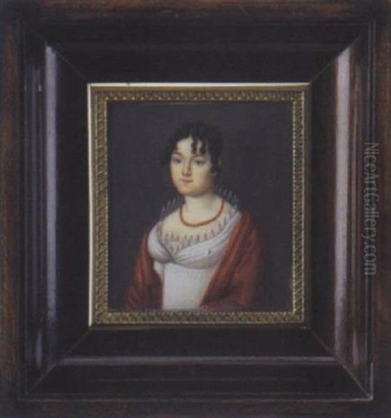 Jeune Femme En Robe De Soie Blanche A Haut Col De Dentelle Portant Une Parure De Corail Et Un Chale Rouge Sur Les Epaules, Coiffee De Fines Boucles Oil Painting by Etienne Charles Leguay