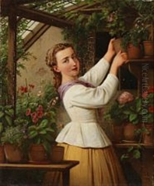 A Young Woman In A Greenhouse Oil Painting by Edvard Lehmann