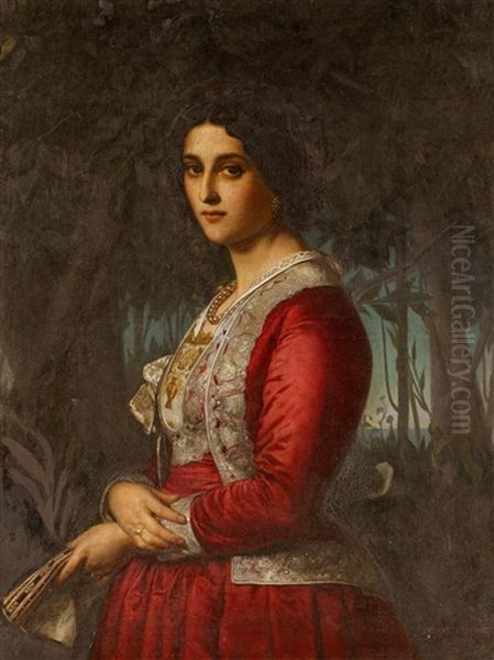 Portrat Einer Dame Mit Facher Oil Painting by Rudolf August Wilhelm Lehmann