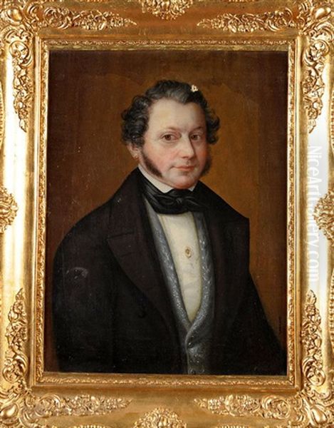 A Half-length Portrait Of A Young Gentleman With A Gold Earring And Long Side Whiskers, Wearing A Black Coat And Grey Embroidered Waistcoat Oil Painting by Rudolf August Wilhelm Lehmann