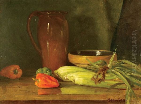 Still Life With Peaches And Still Life With Corn And Pitcher Oil Painting by Adam Lehr
