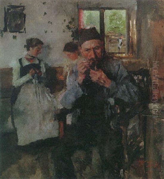 Bauer Mit Zwei Dirndln Oil Painting by Wilhelm Leibl