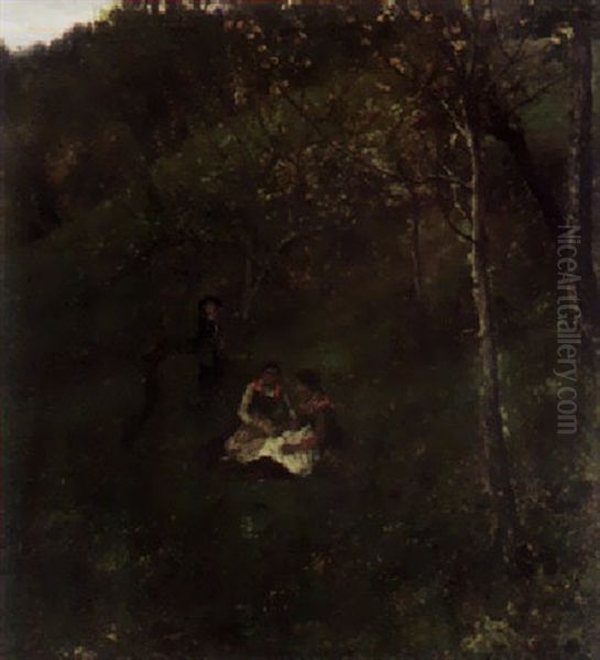 Zwei Oberbayerische Bauerinnen Und Ein Knabe Am Wiesenhang Oil Painting by Wilhelm Leibl