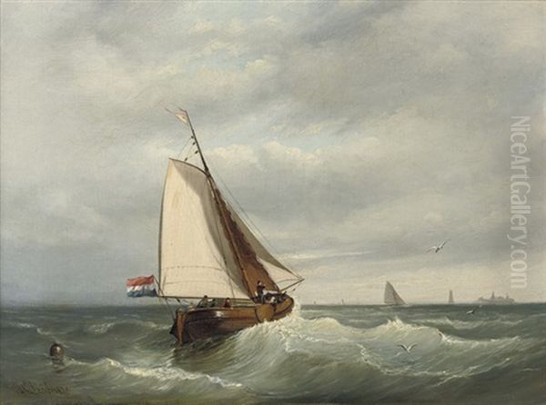 Sailing On A Choppy Sea Oil Painting by Johan Coenraed Leich