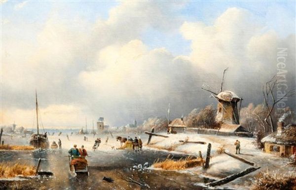Dutch Winter Scene With Skaters On River Estuary, Windmills And Cottages To The Right With Village Beyond Oil Painting by Charles Henri Leickert