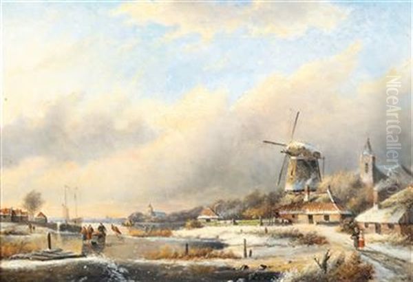 Dutch Winter Landscape With Skaters Oil Painting by Charles Henri Leickert