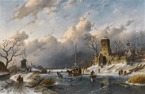 A Winter Scene Oil Painting by Charles Henri Leickert