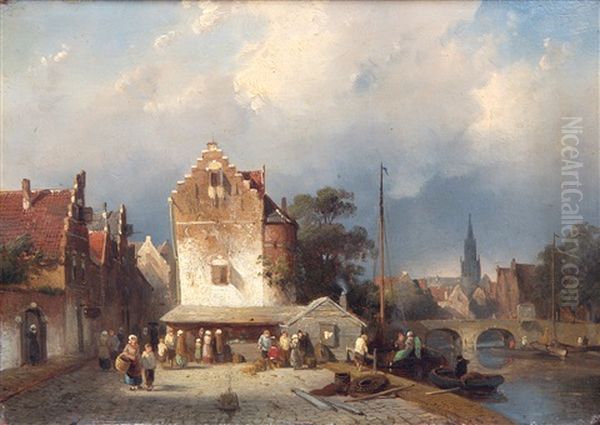 Activities On A Sunny Quay In A Dutch Village Oil Painting by Charles Henri Leickert
