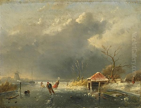 Schlittschuhlaufer Auf Einem Winterlichen Kanal Oil Painting by Charles Henri Leickert
