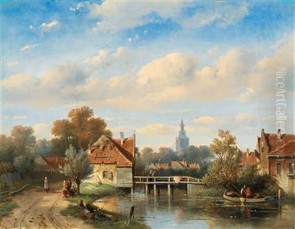 A Dutch Town On The Riverbank With Decorative Figures Oil Painting by Charles Henri Leickert