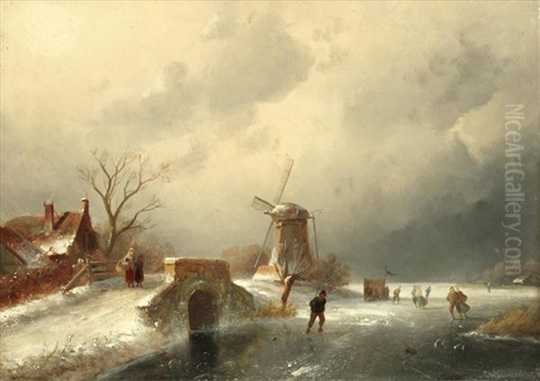 A Dutch Frozen River Landscape Oil Painting by Charles Henri Leickert
