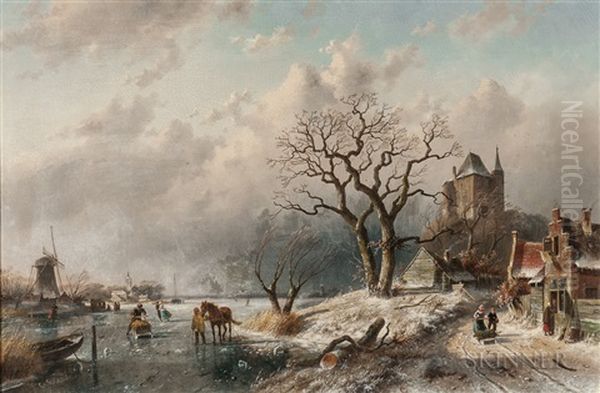 Animated Winter Landscape With Skaters Oil Painting by Charles Henri Leickert