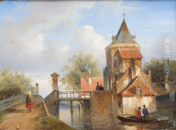 Slotgracht Met Houten Bruggetje'/ Wooden Bridge Over Castle Moat Oil Painting by Charles Henri Leickert