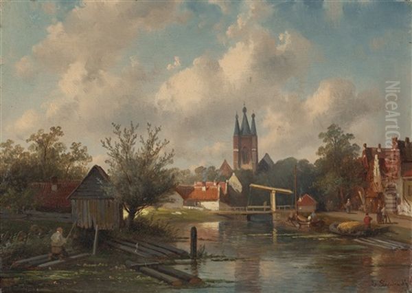 Hollandische Stadt Am Fluss Oil Painting by Charles Henri Leickert