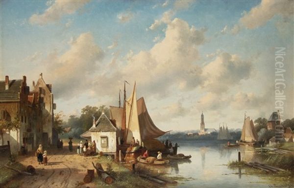 Enlivened River Landscape In Holland Oil Painting by Charles Henri Leickert
