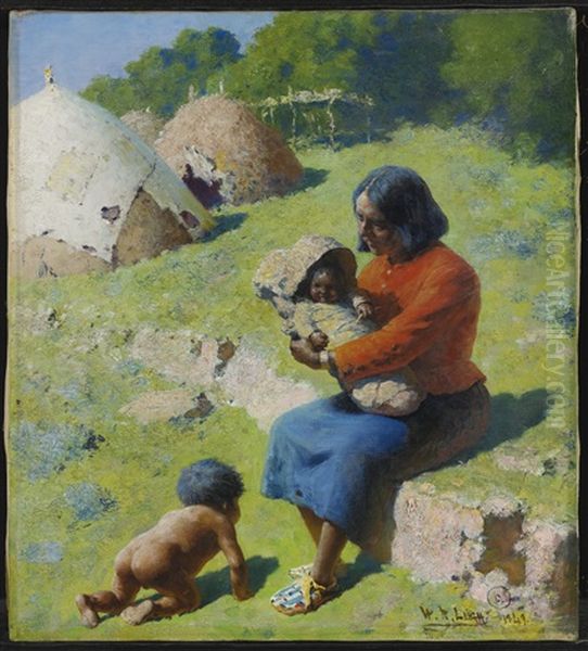 Apache Mother And Children Oil Painting by William Robinson Leigh