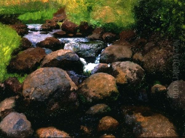 Rocks & Stream (+ No. 59 Mountains And Low Hanging Clouds; 2 Works) Oil Painting by William Robinson Leigh