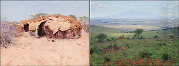 Group 1 - Huts In A Samburu Village (+ The Athi Plains - Mt. Kenya; Pair) Oil Painting by William Robinson Leigh