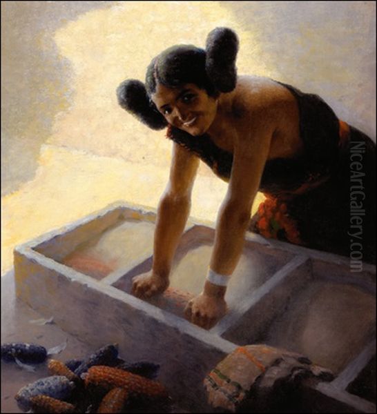 Hopi Maiden Grinding Corn Oil Painting by William Robinson Leigh