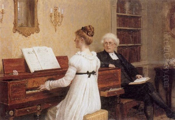 Young Lady Playing The Piano With Her Tutor Nearby Oil Painting by Edmund Blair Blair Leighton