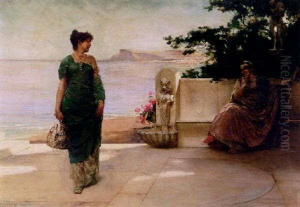Classical Composition Of Two Maidens On A Terrace Oil Painting by Edmund Blair Blair Leighton