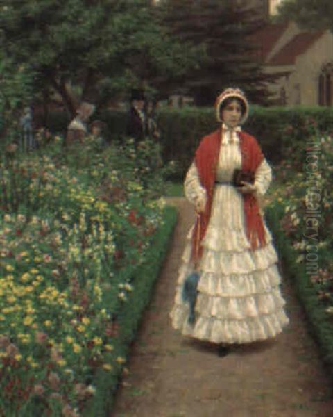 A Girl In A Garden Of Flowers Oil Painting by Edmund Blair Blair Leighton