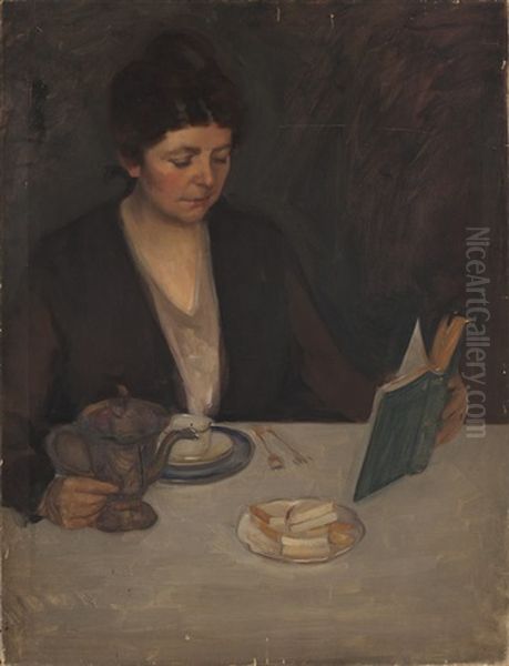 Self Portrait Of The Artist Seated At A Table Oil Painting by Kathryn Woodman Leighton