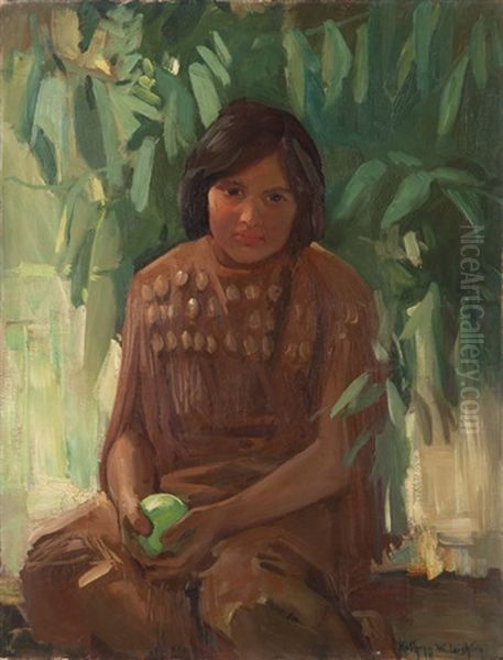 Young Native American Girl Holding An Apple Oil Painting by Kathryn Woodman Leighton