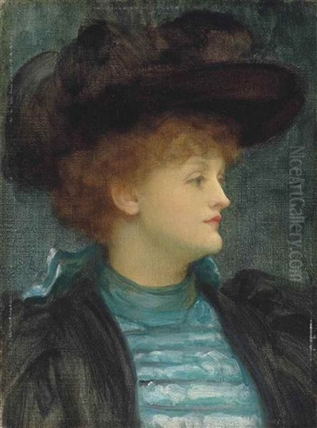 Portrait Of A Lady, Bust-length, In A Turquoise Dress And Black Coat And Hat Oil Painting by Lord Frederick Leighton
