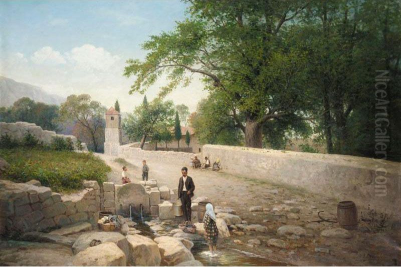 Chechen Village Scene Oil Painting by Fedor Vasilevic Belousov