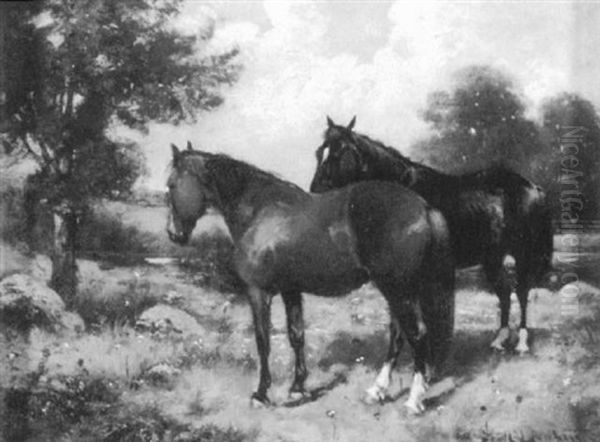 Two Horses In A Rocky Pasture Oil Painting by Scott Leighton