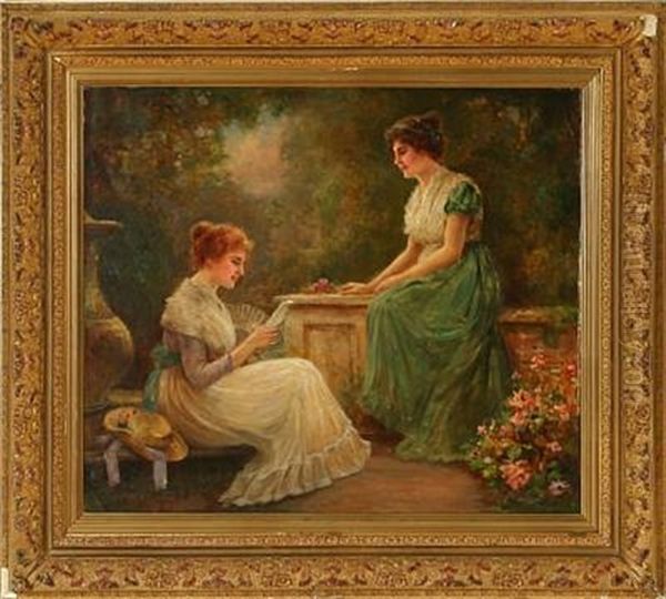 Two Girls In A Garden Oil Painting by Stanley Leighton