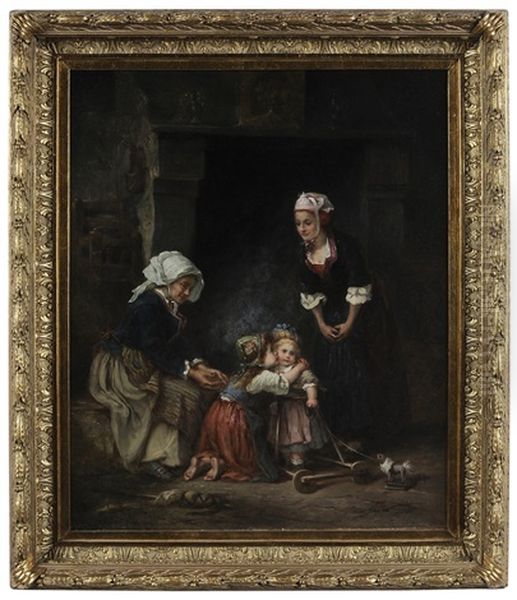 Family Group Encouraging A Toddler Oil Painting by Eugene Joseph Lejeune